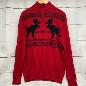 Chaps Red Moose Fair Isle Quarter Zip Sweater Mens Medium 100% Cotton Cabincore